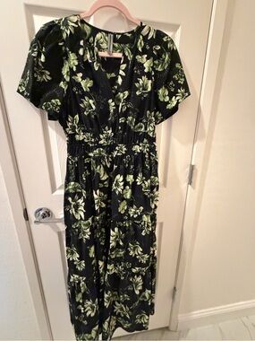 Anthropologie Black Dress with Green Leaf Print Somerset Dress.